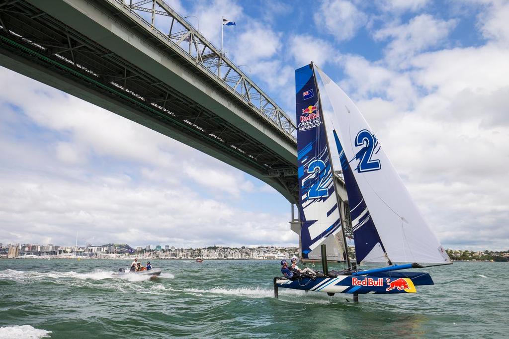 Young Sailors train in practice during Foiling Generation on the Waitemata Harbour in Auckland, New Zealand on March 2, 2016 © Red Bull Content Pool